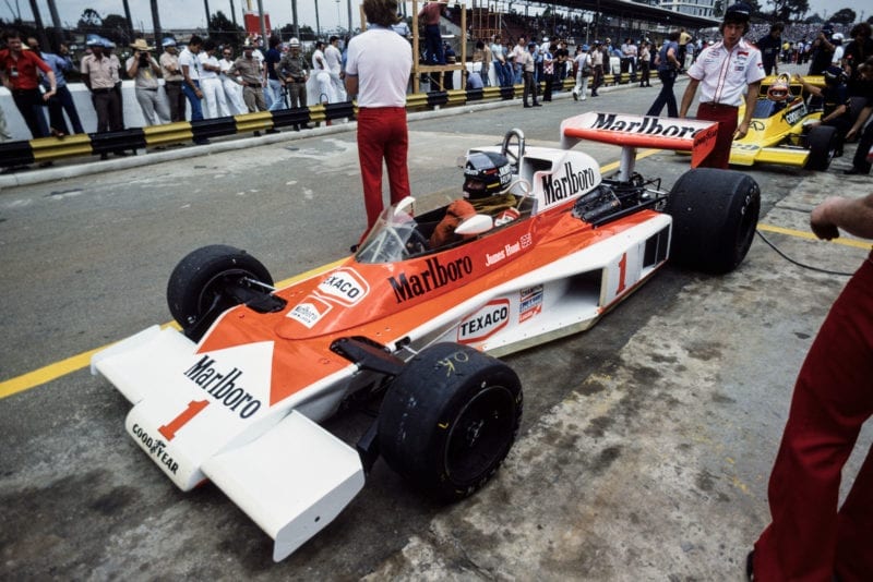 James Hunt (McLaren) at the 1977 Brazilian Grand Prix, Interlagos.