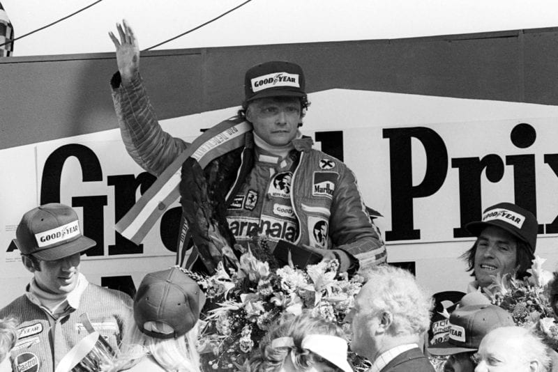 Niki Lauda celebrates winning the 1977 Dutch Grand Prix, Zandvoort.