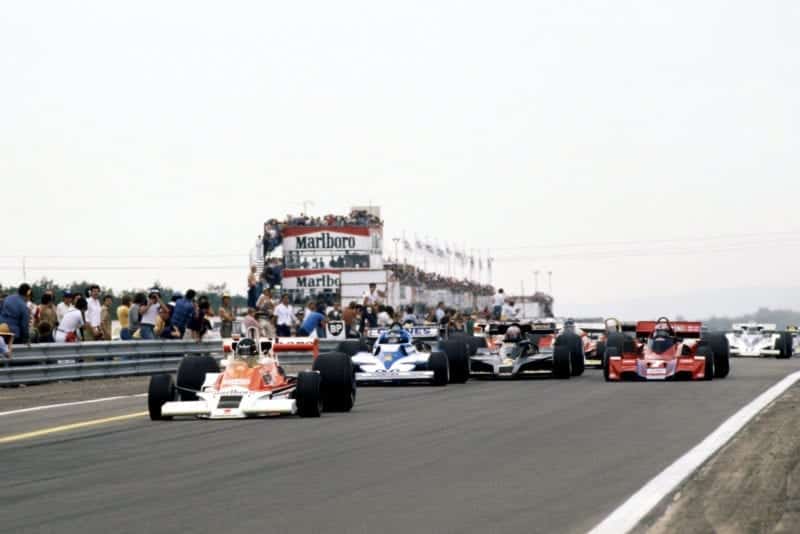 James Hunt (McLaren) leads at the start of the 1977 French Grand Prix, Dijon.