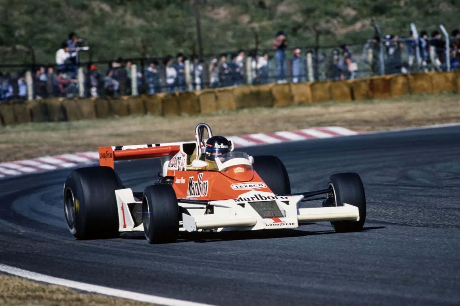 James Hunt (McLaren) driving at the 1977 Japanese Grand Prix, Fuji.