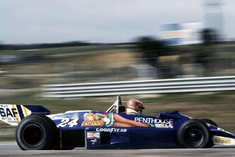 Rupert Keegan (Hesketh) crashed out on lap 16 of the 1977 Spanish Grand Prix, Jarama.