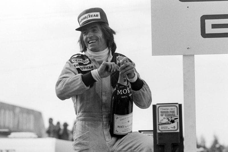 Jacuqes Laffite celebrates winning the 1977 Swedish Grand Prix, Anderstorp.