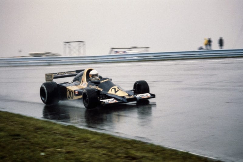 Jody Scheckter (Wolf) driving at the 1977 United States Grand Prix East, Watkins Glen.