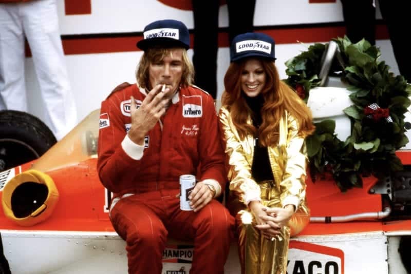 James Hunt (McLaren) celebrates winning the 1977 United States Grand Prix East, Watkins Glen.