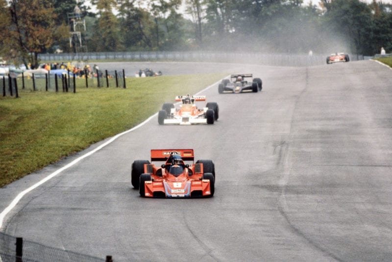 Hans-Joachim Stuck leads at the start of the 1977 United States Grand Prix East, Watkins Glen.