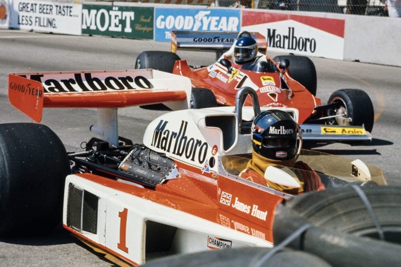 James Hunt (McLaren) finds himself buried in the barriers, United States Grand Prix West, Long Beach.