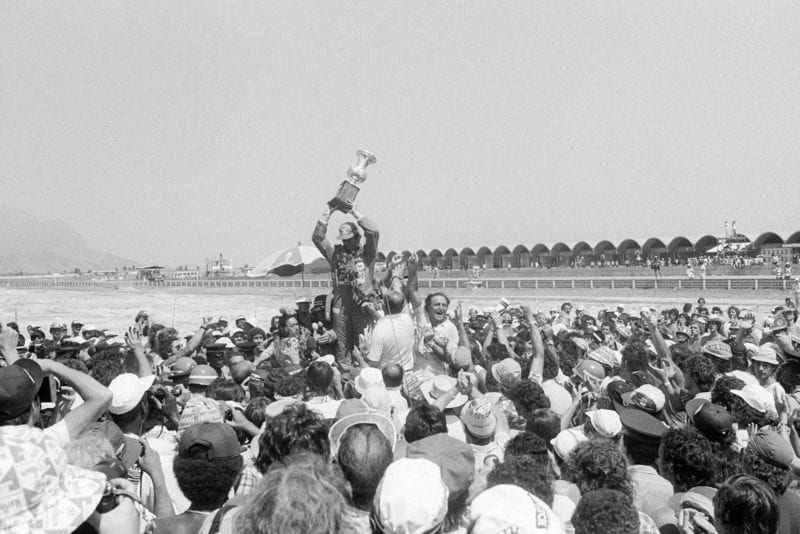 Carlos Reutemann (Ferrari) celebrates winning the 1978 Brazilian Grand Prix, Jacarepagua.