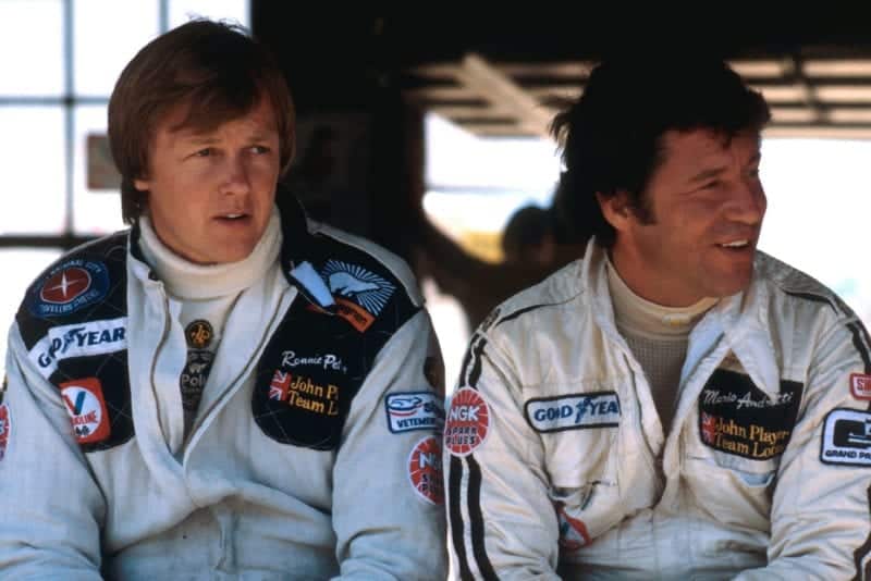 Ronnie Peterson (left) sits next to Mario Andretti at the 1978 Italian Grand Prix, Monza.