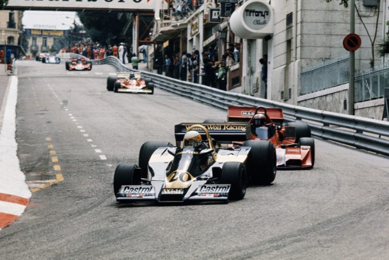 Jody Scheckter keeps his Wolf ahead of John Watson's Brabham at the 1978 Monaco Grand Prix.