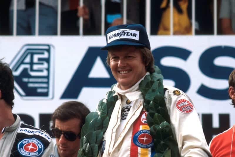 Ronnie Peterson (Lotus) on the podium at the 1978 South African Grand Prix.