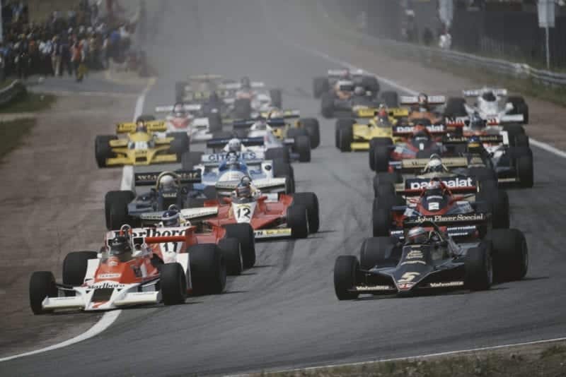James Hunt (McLaren, left) challenges Andretti for the lead at the start of the 1978 Spanish Grand Prix, Jarama.
