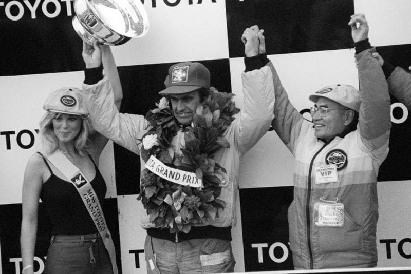 Carlos Reutemann (Ferrari) celebrates winning the 1978 United States Grand Prix East, Watkins Glen.