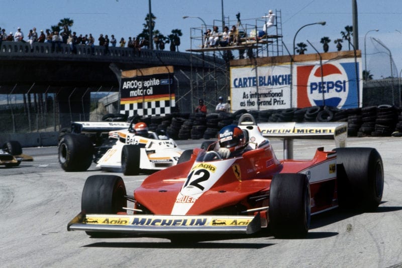 Gilles Villeneuve (Ferrari) driving at the 1978 United States Grand Prix West, Long Beach.