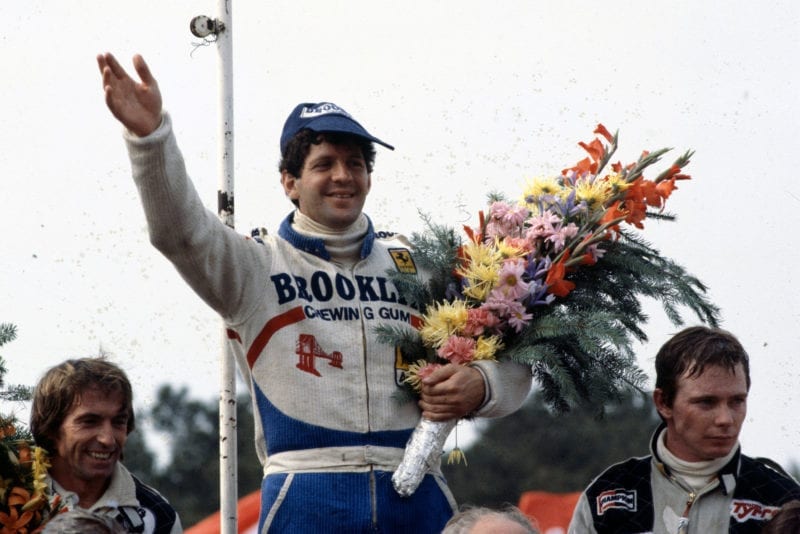 Jody Scheckter celebrates his win at the 1979 Belgian Grand Prix, Zolder.