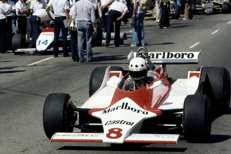 Stephen South drives the #8 Marlboro Team McLaren Ford M29C out of the pit lane during practice for the United States Grand Prix West on 29 March 1980 at Long Beach street circuit in Long Beach, California, United States. (Photo by Steve Powell/Getty Images)