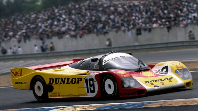 2 The Porsche 962 C N°18 driven by French Bob Wollek, New Zealand Sarel Van der Merwe and Australian Vern Schuppan makes a pit stop for refuelling as its holds the second position during the 57th edition of the 24 hours of Le Mans