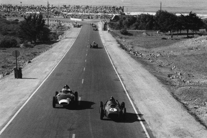 Phil Hill in his BRM 25 leads Tony Brooks in a a Vanwall VW10.