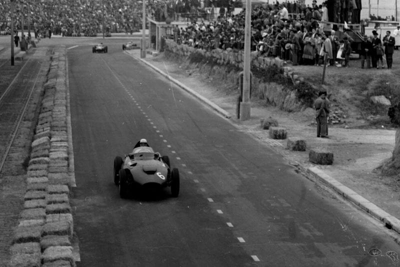 Stuart Lewis-Evans driving his Vanwall to 3rd position.