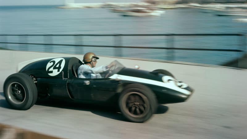 The Monaco Grand Prix; Monte Carlo, May 10, 1959. Jack Brabham turns his Cooper into Tabac on his way to Cooper's first F.1 win. (Photo by Klemantaski Collection/Getty Images)
