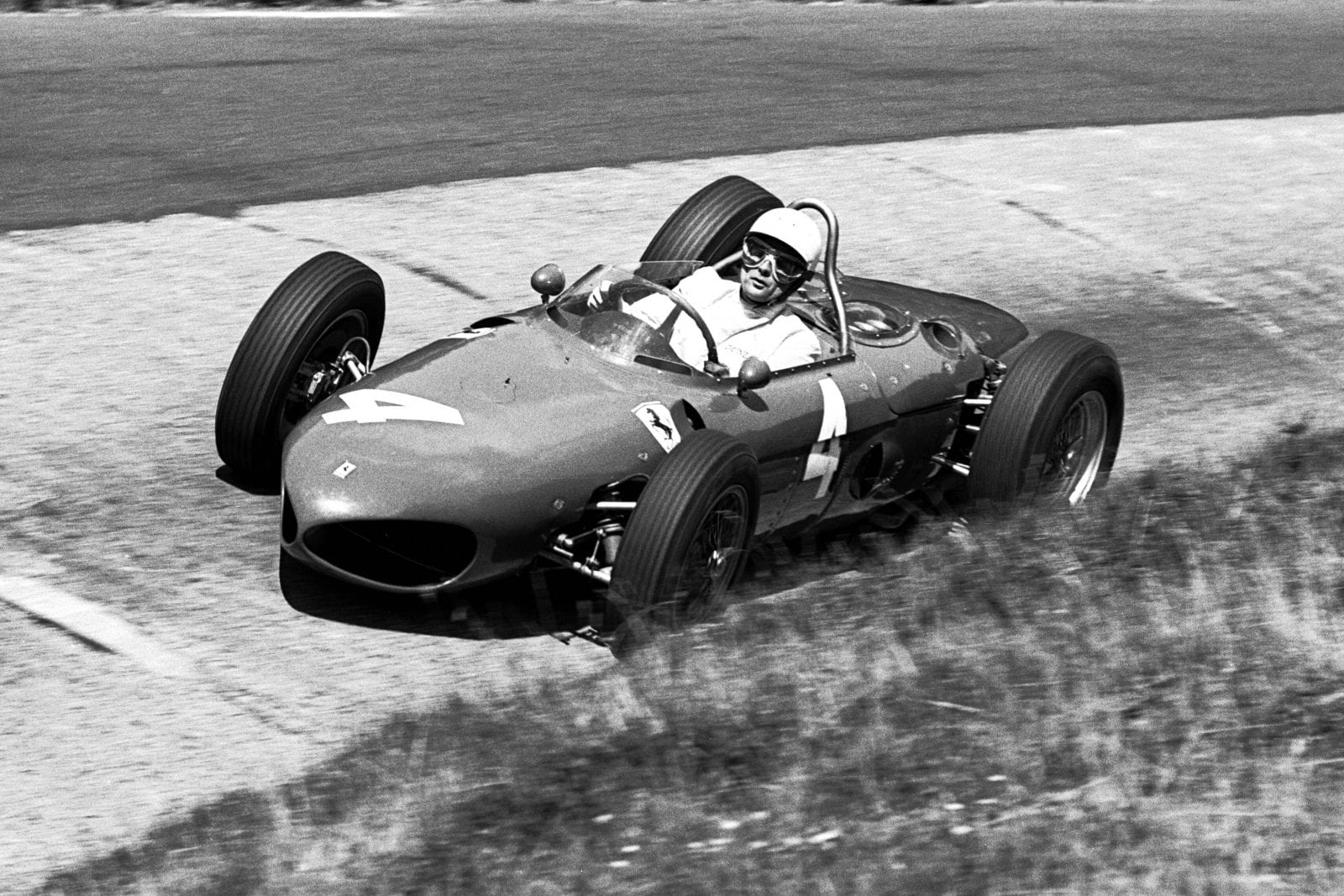 Phil Hill at the Karussel in his Ferrari 156.