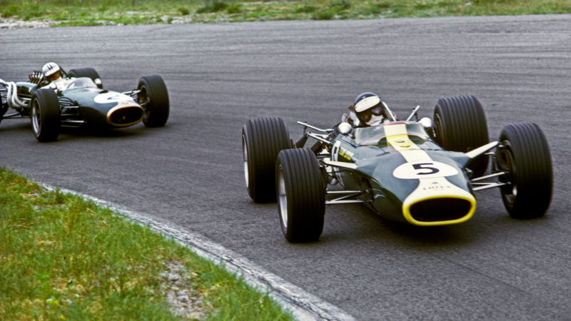 Jim Clark, Denny Hulme, Lotus-Ford 49, Brabham-Repco BT20, Grand Prix of the Netherlands, Circuit Park Zandvoort, 04 June 1967. Historic victory for Jim Clark in the 1967 Grand Prix of Netherlands when he have both the Lotus 49 and the Ford Cosworth engine their first victory in their first race. (Photo by Bernard Cahier/Getty Images)