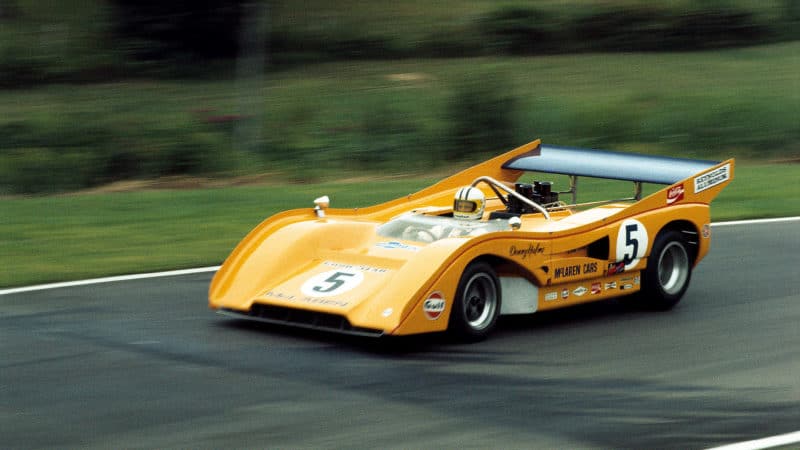 Denny Hulme in his McLaren M8F-Chevrolet, He was a non-finisher due to a broken driveshaft, Mid-Ohio CanAm. (Photo by Bill Fox/Klemantaski Collection/Getty Images)