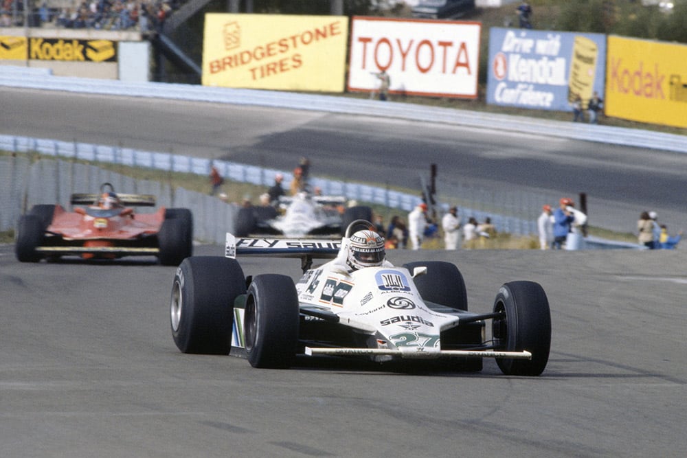 Alan Jones (Williams FW07B-Ford Cosworth) leads Gilles Villeneuve (Ferrari 312T5) and Carlos Reutemann (Williams FW07B-Ford Cosworth).