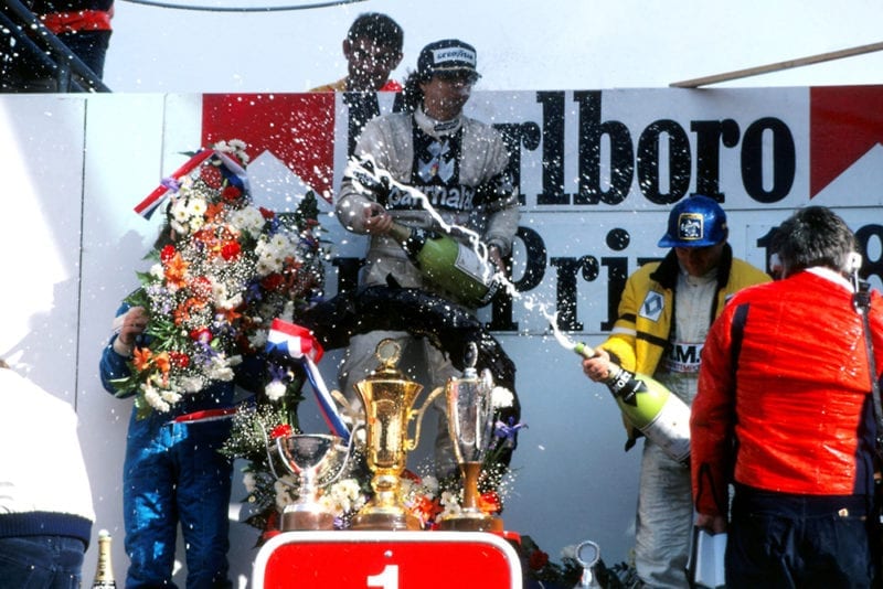 Winners on the podium - 1st Nelson Piquet (centre), 2nd Rene Arnoux (right) and 3rd Jacques Laffite (left).