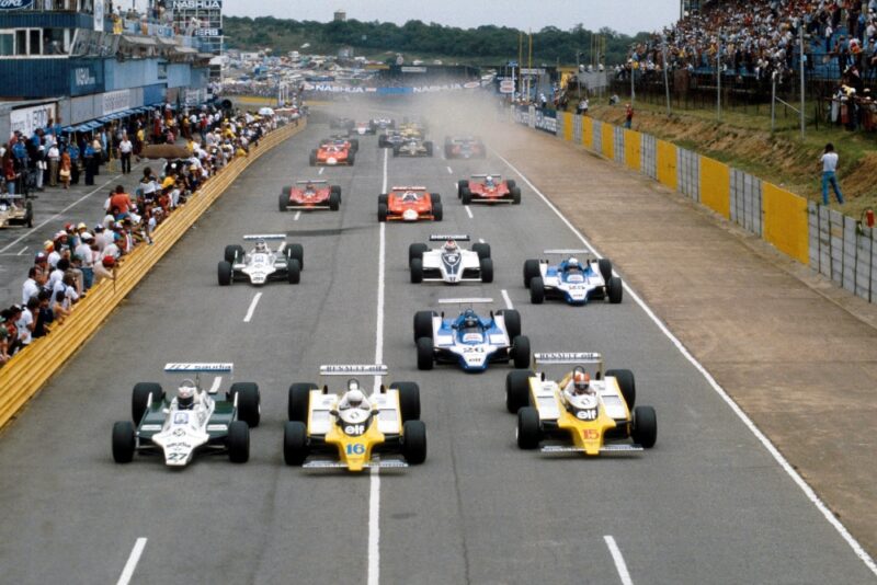 L-R at the start - Alan Jones (Williams), Rene Arnoux (Renault) and pole sitter Jean Pierre Jabouille (Renault).