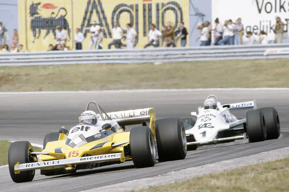 Alain Prost (Renault RE30) leads Alan Jones (Williams FW07C-Ford Cosworth).