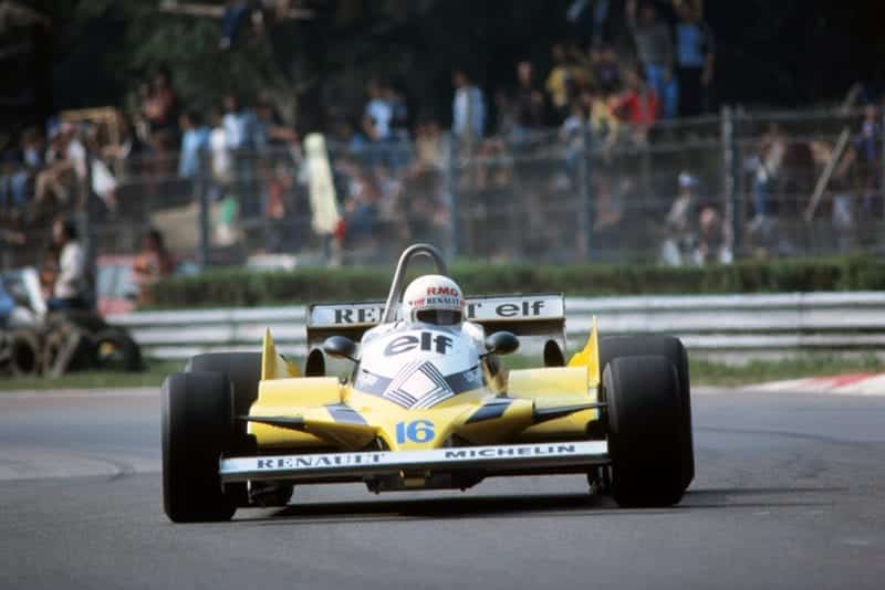 Rene Arnoux in his Renault RE30, retired after taking avoiding action when Eddie Cheever spun on a wet section of track.