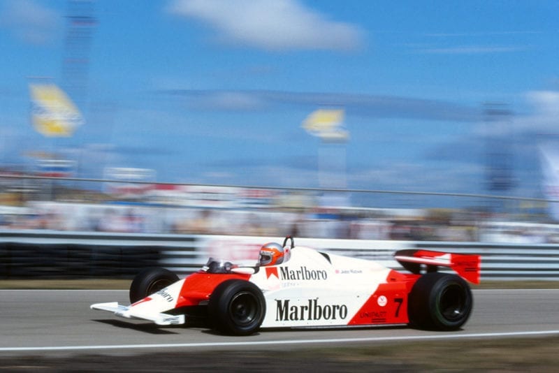 John Watson in his McLaren MP4, lost fourth place when an electrical short between a high-tension lead and a water pipe caused him to stop.