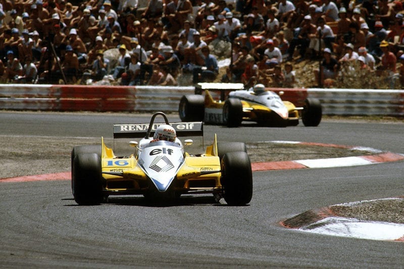 Rene Arnoux leading his teammate Alain Prost, in both Renault RE30B's.