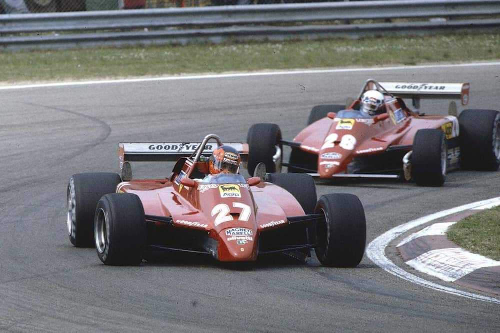 Gilles Villeneuve leads teammate Didier Pironi (Both Ferrari 126C2's). They finished in 2nd and 1st positions respectively.