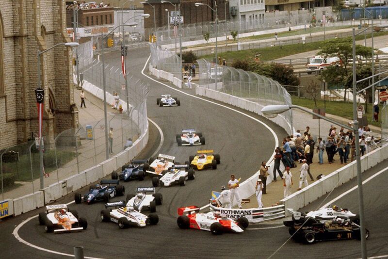 Mauro Baldi (Arrows A4 Ford) hits Brian Henton (Tyrrell 011 Ford) and Raul Boesel (March 821 Ford) coming into Turn 5.