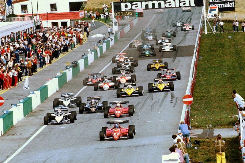 Patrick Tambay (Ferrari 126C3) leads Nelson Piquet (Brabham BT52B BMW), Rene Arnoux (Ferrari 126C3), Nigel Mansell (Lotus 94T Renault) and Riccardo Patrese (Brabham BT52B BMW) at the start.