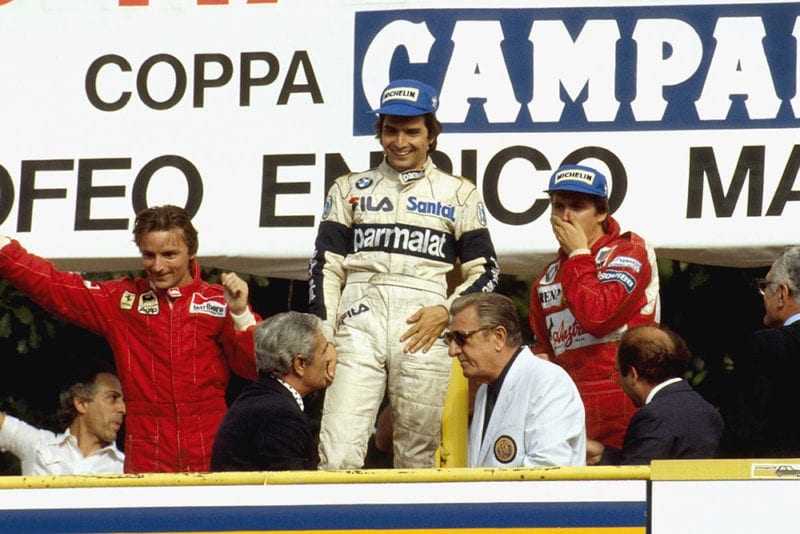 Nelson Piquetfinished 1st, Rene Arnoux 2nd and Eddie Cheever 3rd position on the podium. FIA President Jean-Marie Balestre stands at the front.