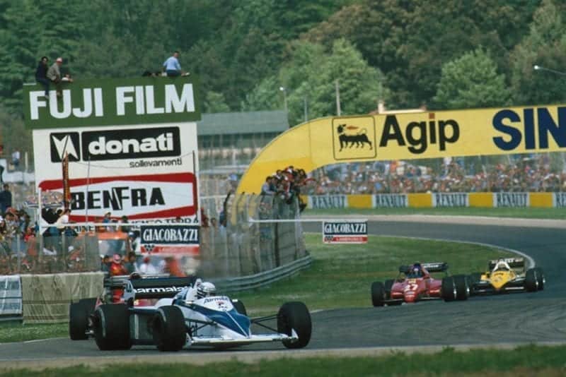 The Brabham of Riccardo Patrese leads the two Ferrari's of Rene Arnoux and race winner Patrick Tambay with the Renault of Alain Prost not too far behind.