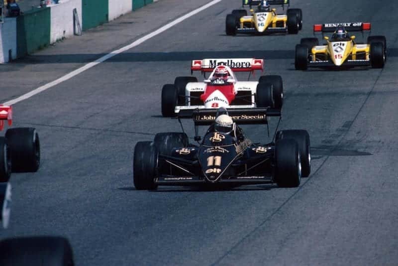 Elio de Angelis, Lotus, followed by Niki Lauda's McLaren, then the two Renaults of Patrick Tambay and Derek Warwick.