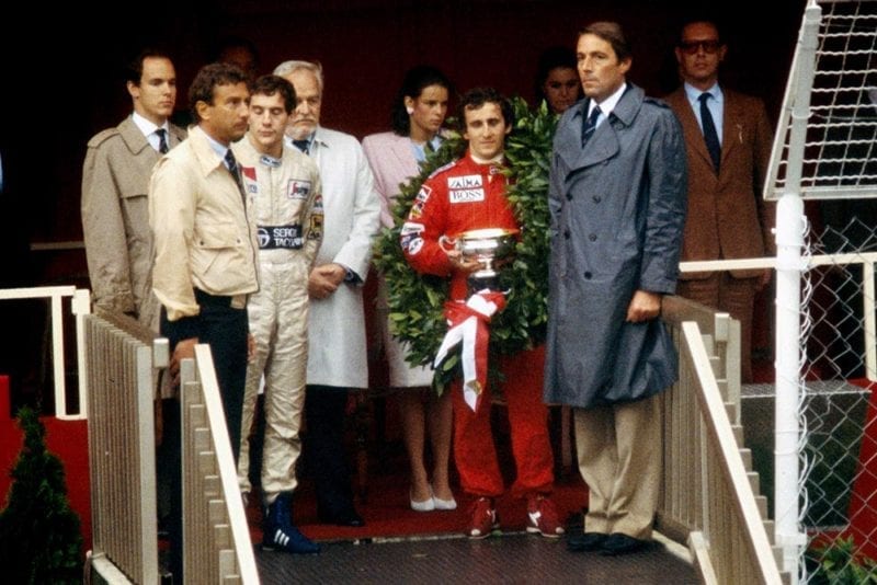 (L to R) Ayrton Senna, 2nd place, winner Alain Prost.