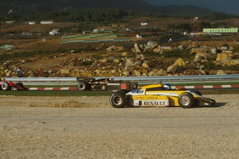 Patrick Tambay has an off in his Renault, while Elio de Angelis and Michele Alboreto pass.