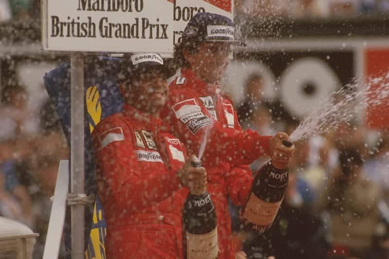 Alain Prost, 1st position, and Michele Alboreto, 2nd position on the podium.