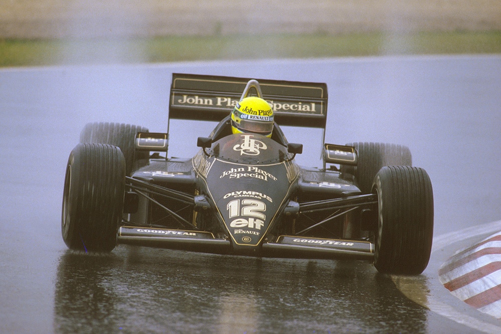 Ayrton Senna in 1st driving a Lotus 97T Renault.