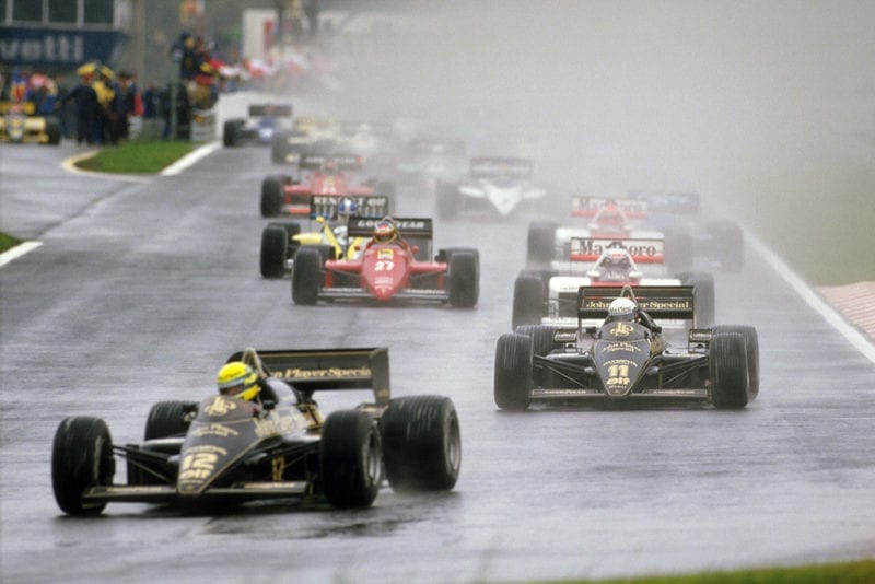 Ayrton Senna leads teammate Elio de Angelis (both Lotus 97T Renault's), Alain Prost (McLaren MP4/2B TAG Porsche) and Michele Alboreto (Ferrari F156/85) at the start.