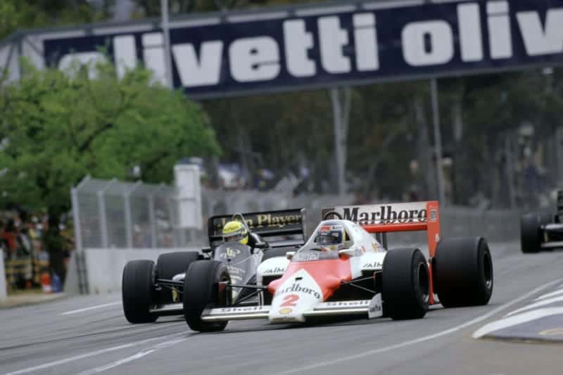 Keke Rosberg (McLaren MP4/2 TAG Porsche) leads Ayrton Senna (Lotus Renault).