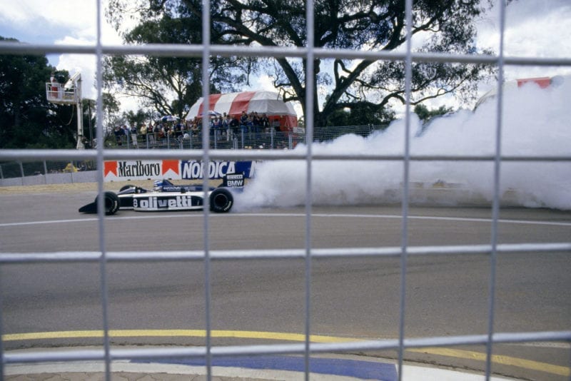 Derek Warwick's Brabham BT55 BMW blows up.