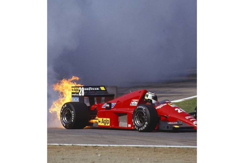 Stefan Johansson's Ferrari F186 engine lets go in a spectacular way during qualifying.