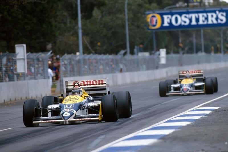 Nelson Piquet leads Williams team mate Nigel Mansell.