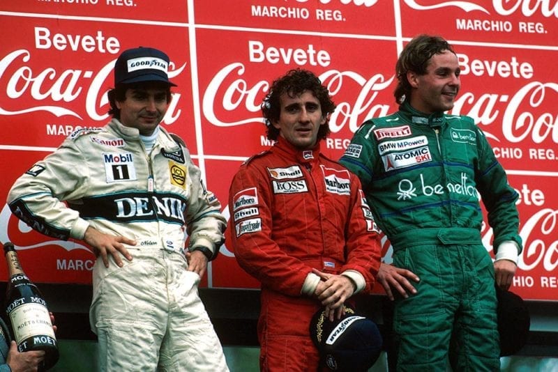 Winner Alain Prost, 2nd place Nelson Piquet and 3rd place Gerhard Berger on the podium.
