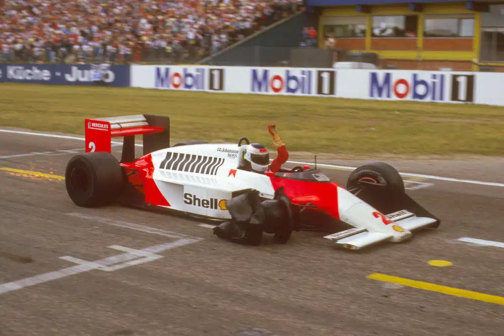 Stefan Johansson in his McLaren MP4/3 TAG Porsche finishing 2nd with only three wheels on the car.
